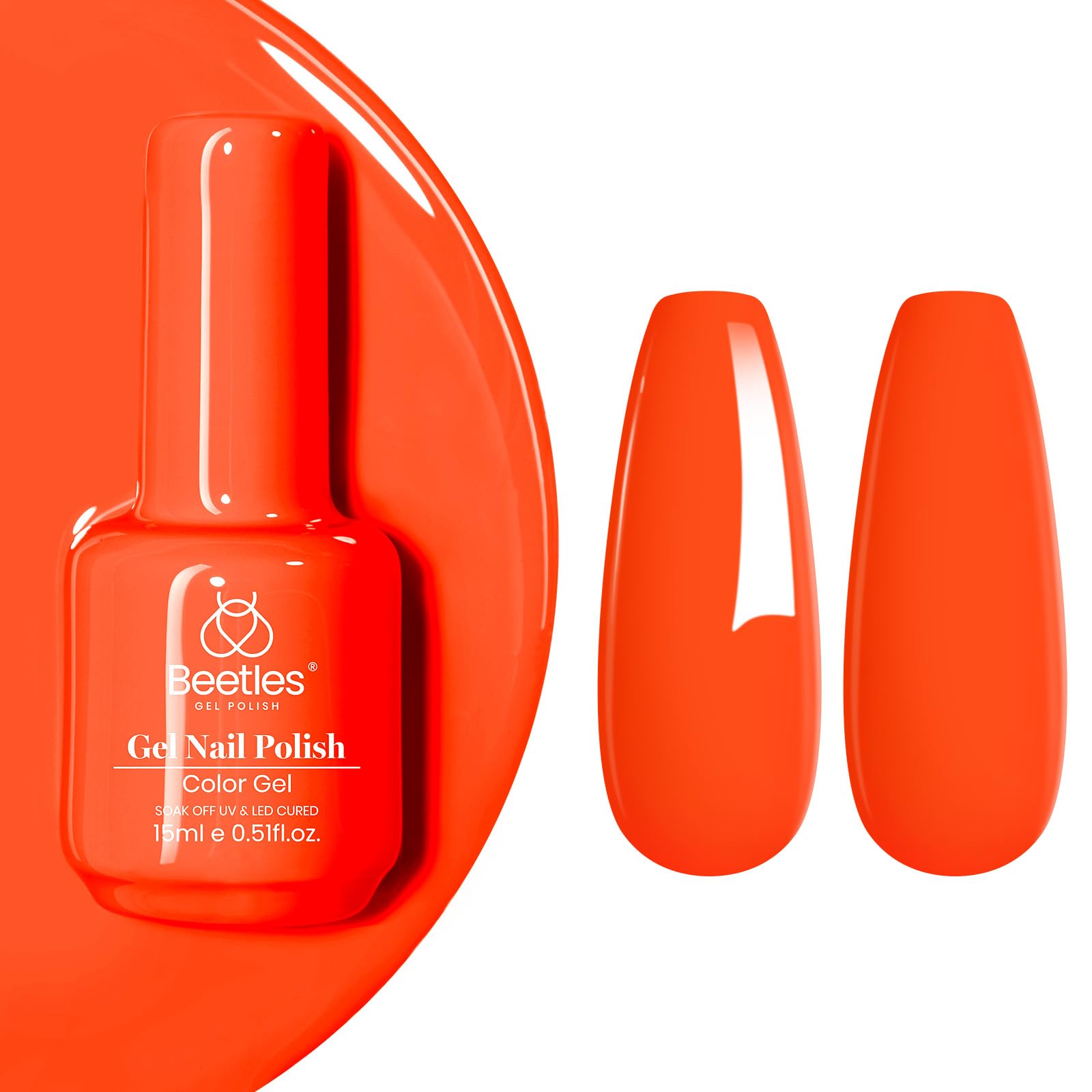 Beetles Neon Orange gel polish bottle swatch shows vibrant color preview