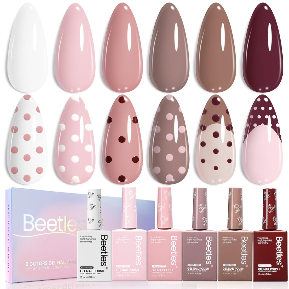 Beetles Neutral gel polish set shown in six colors for versatile home manicures.