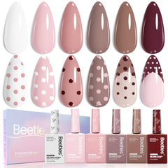 Beetles Neutral gel polish set shown in six colors for versatile home manicures.
