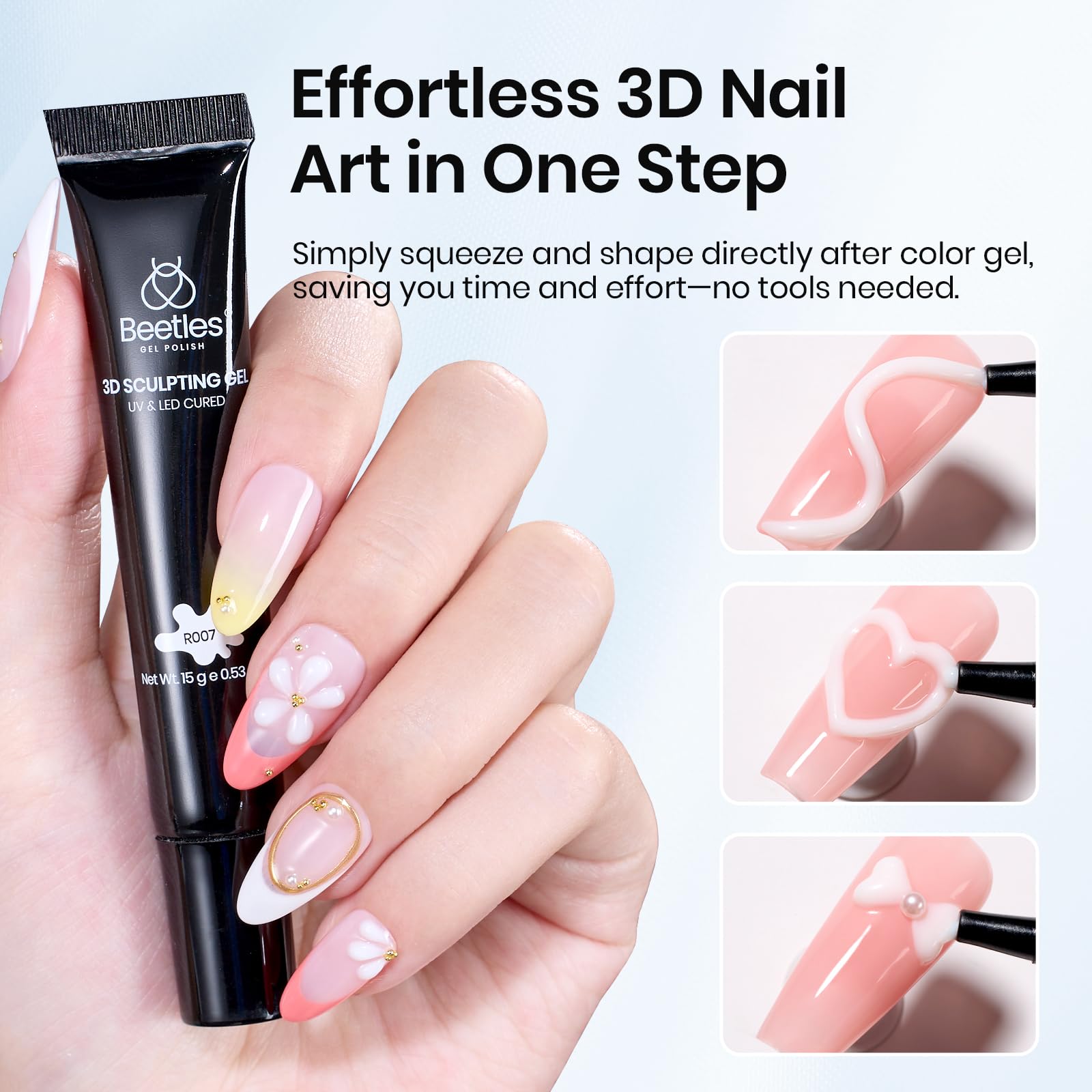 Beetles No-Wipe 3D gel for clean, precise raised designs with UV/LED.