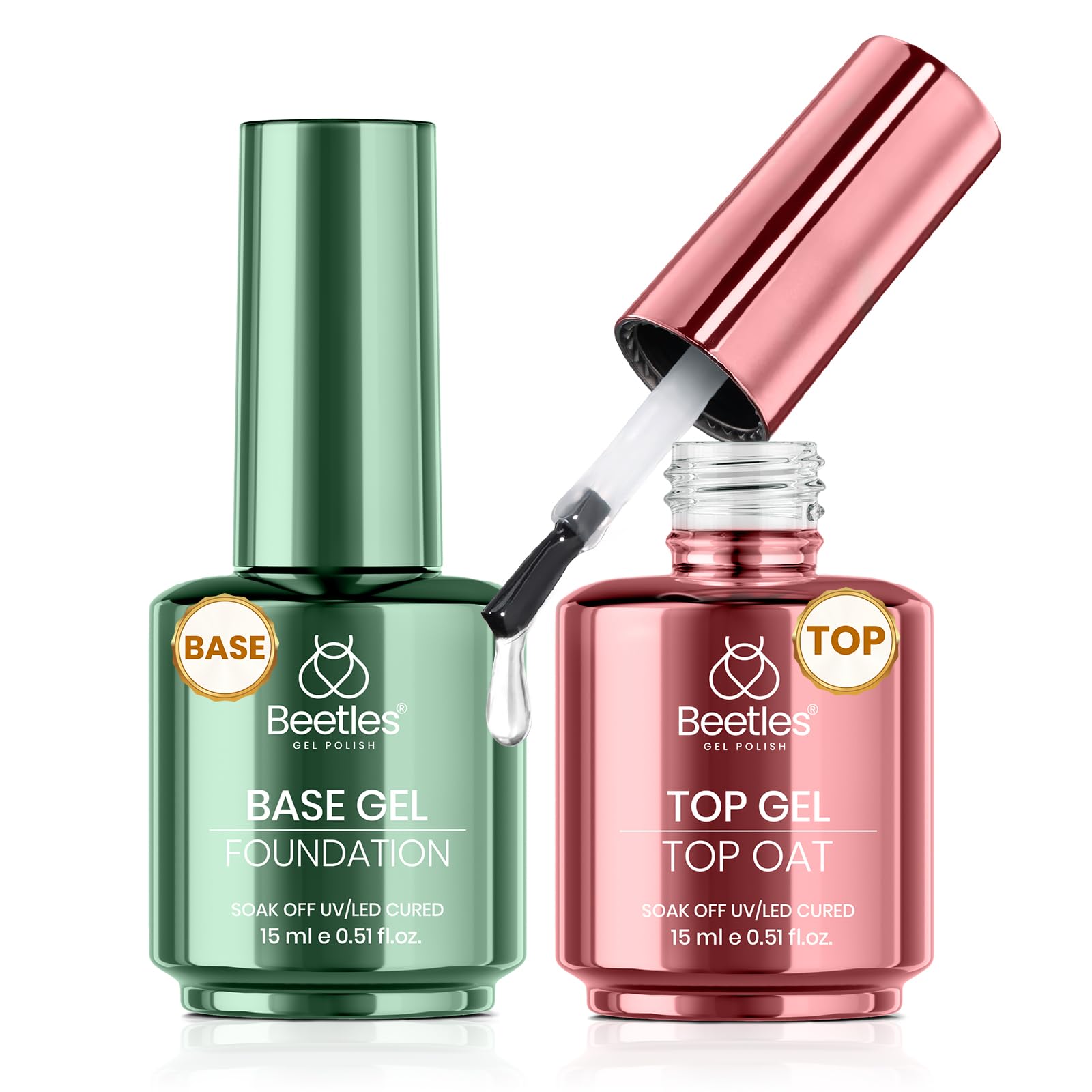 Beetles No Wipe Top Coat bottle close-up for a durable, glossy finish.