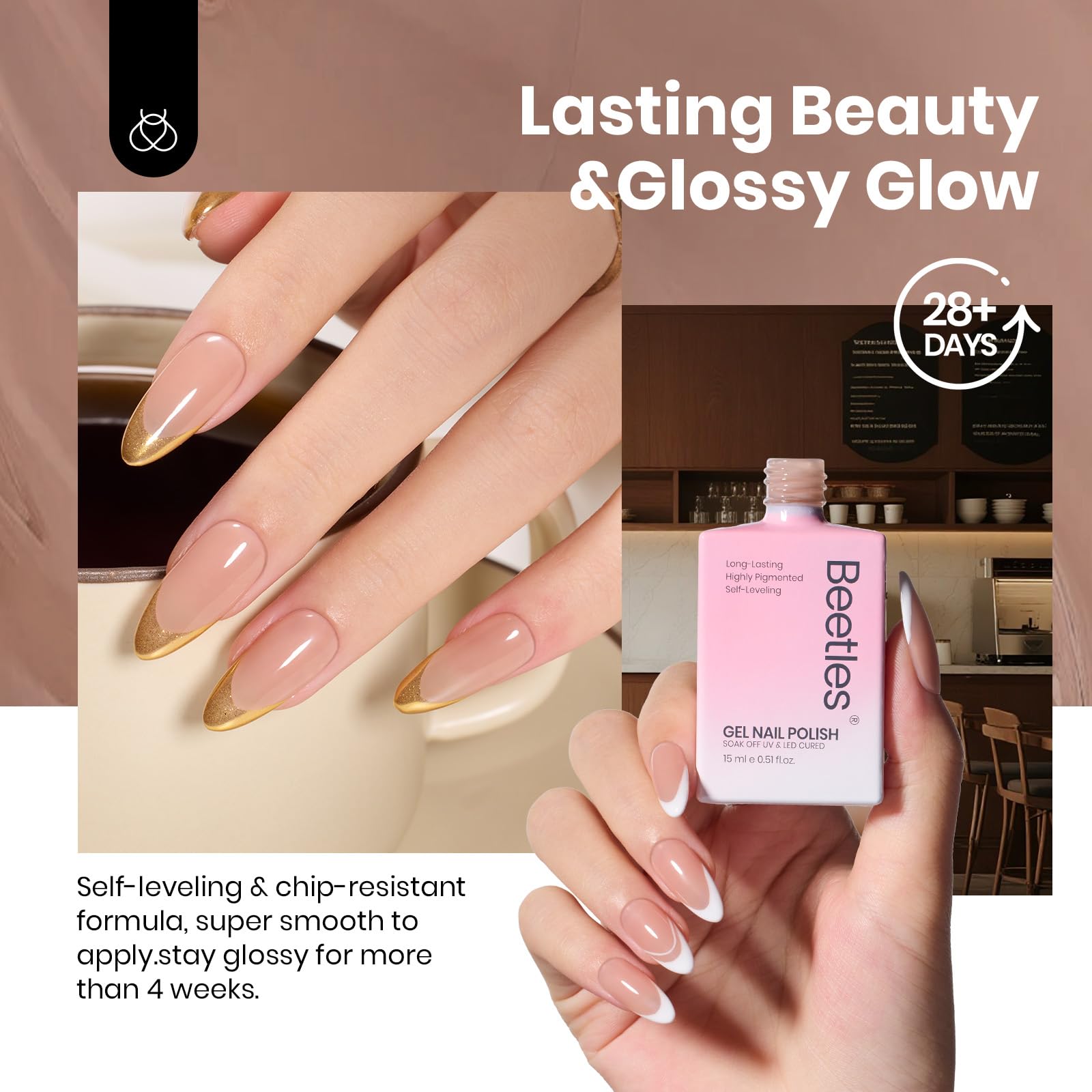 Beetles Nude Brown glossy finish indicates a polished, salon-like shine.