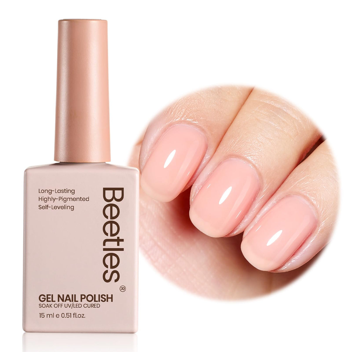 Beetles Nude Gel Polish bottle close up showing nude pink jelly shade and shine
