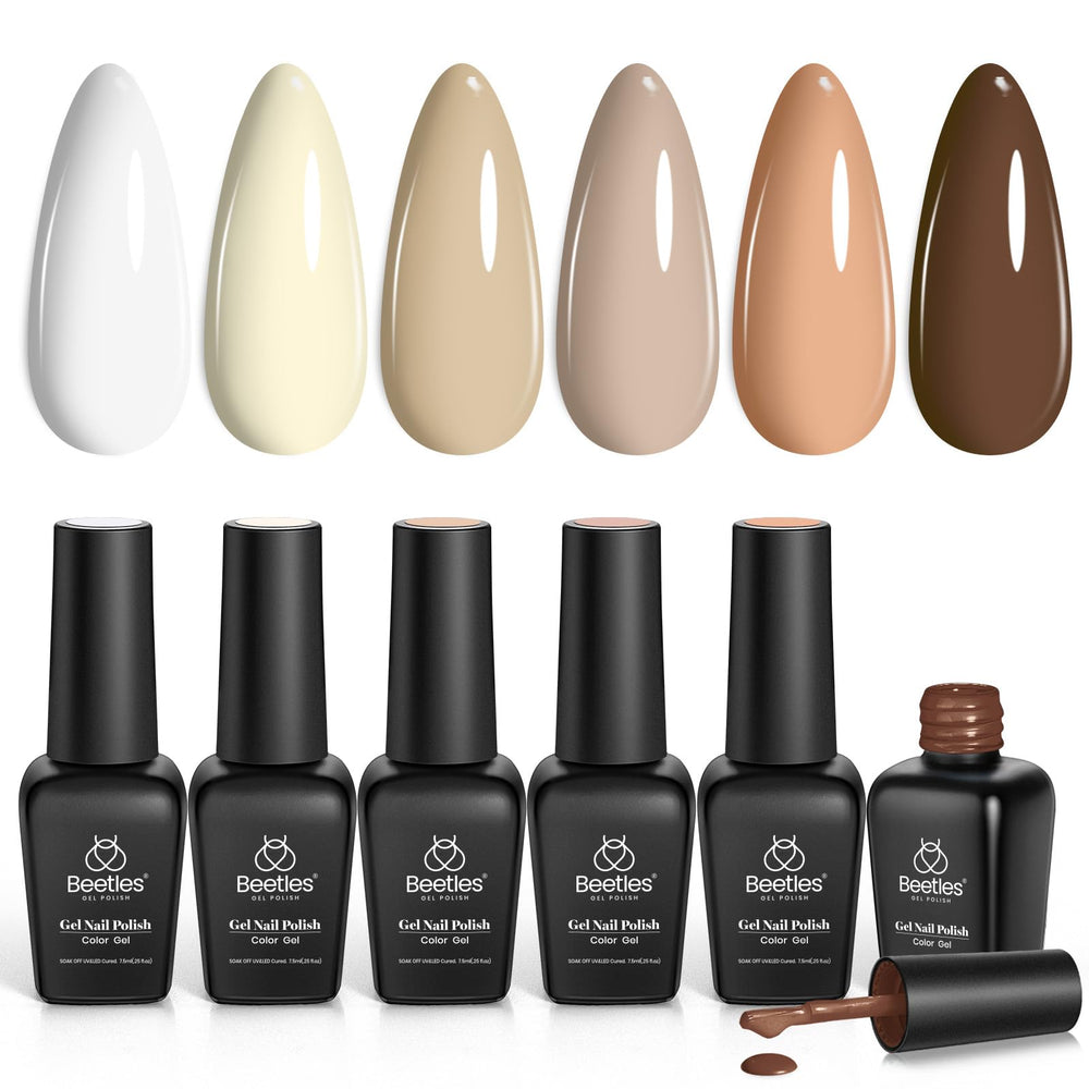 Beetles Nude Gel Nail Polish Set display with six nude shades for versatile everyday manicures.
