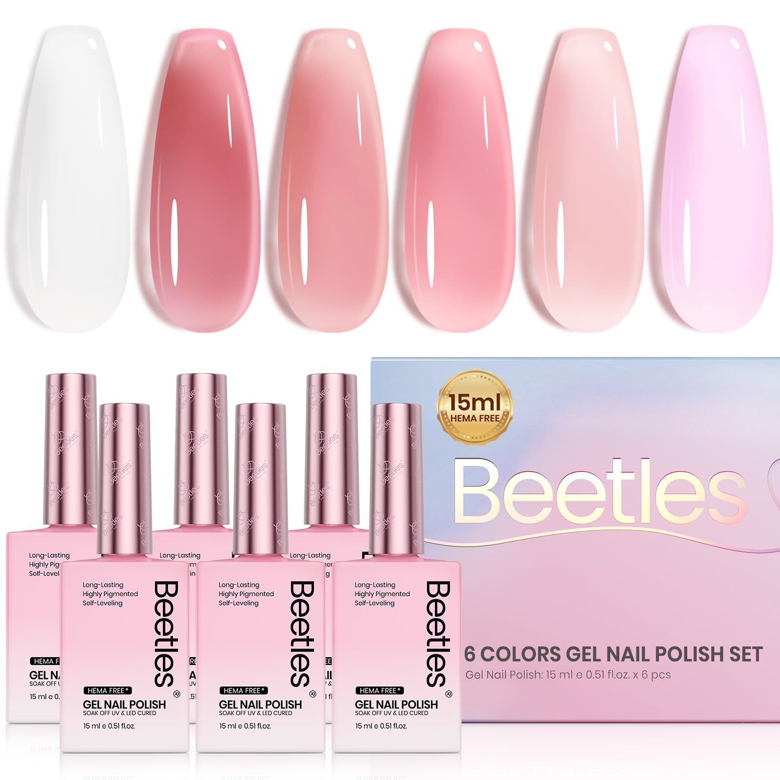 Beetles Nude Gel Nail Polish set pack shot showing six colors for buildable nude looks
