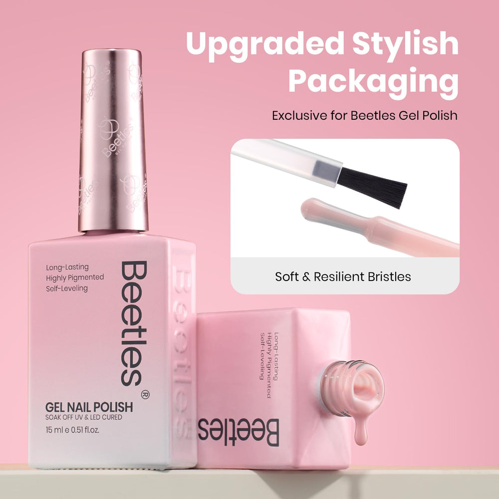 Beetles Nude Pink gel manicure on hand shows natural nude pink look