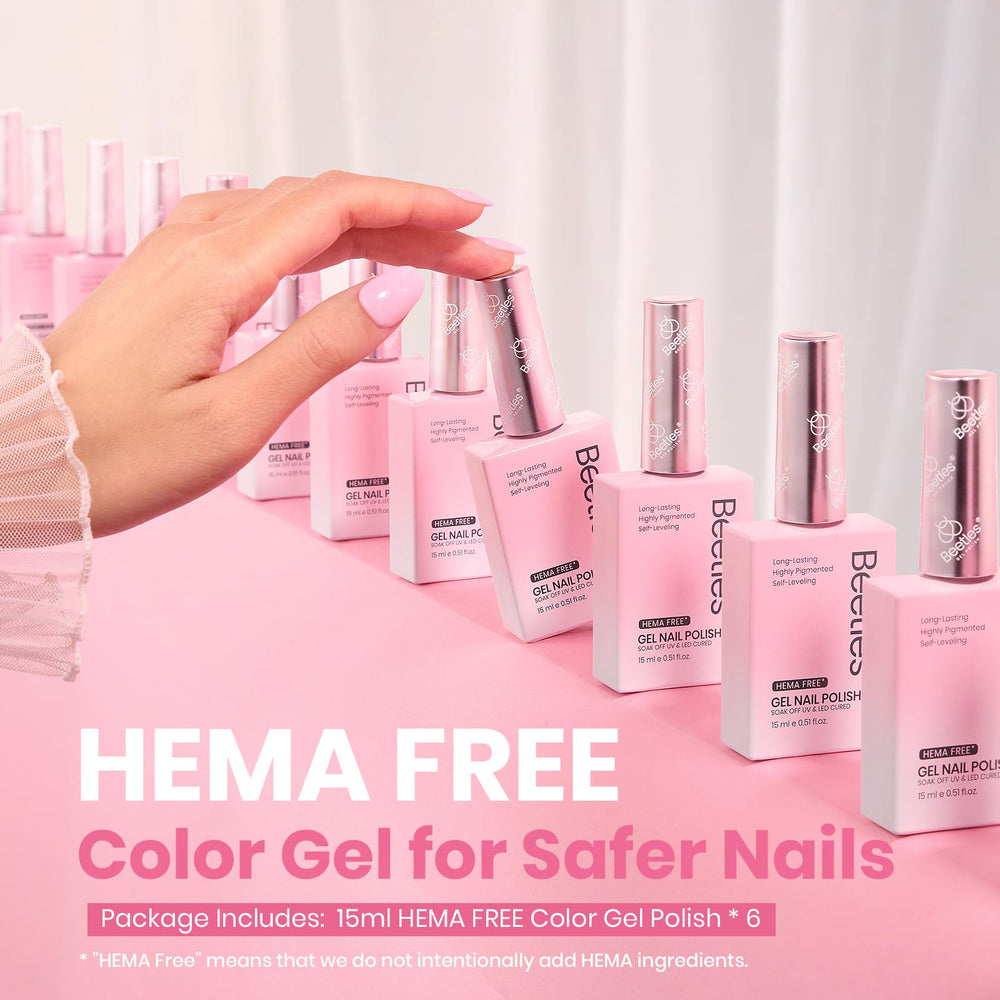 Beetles Na619 bottle highlights rosy nude tone for chic workwear nails.