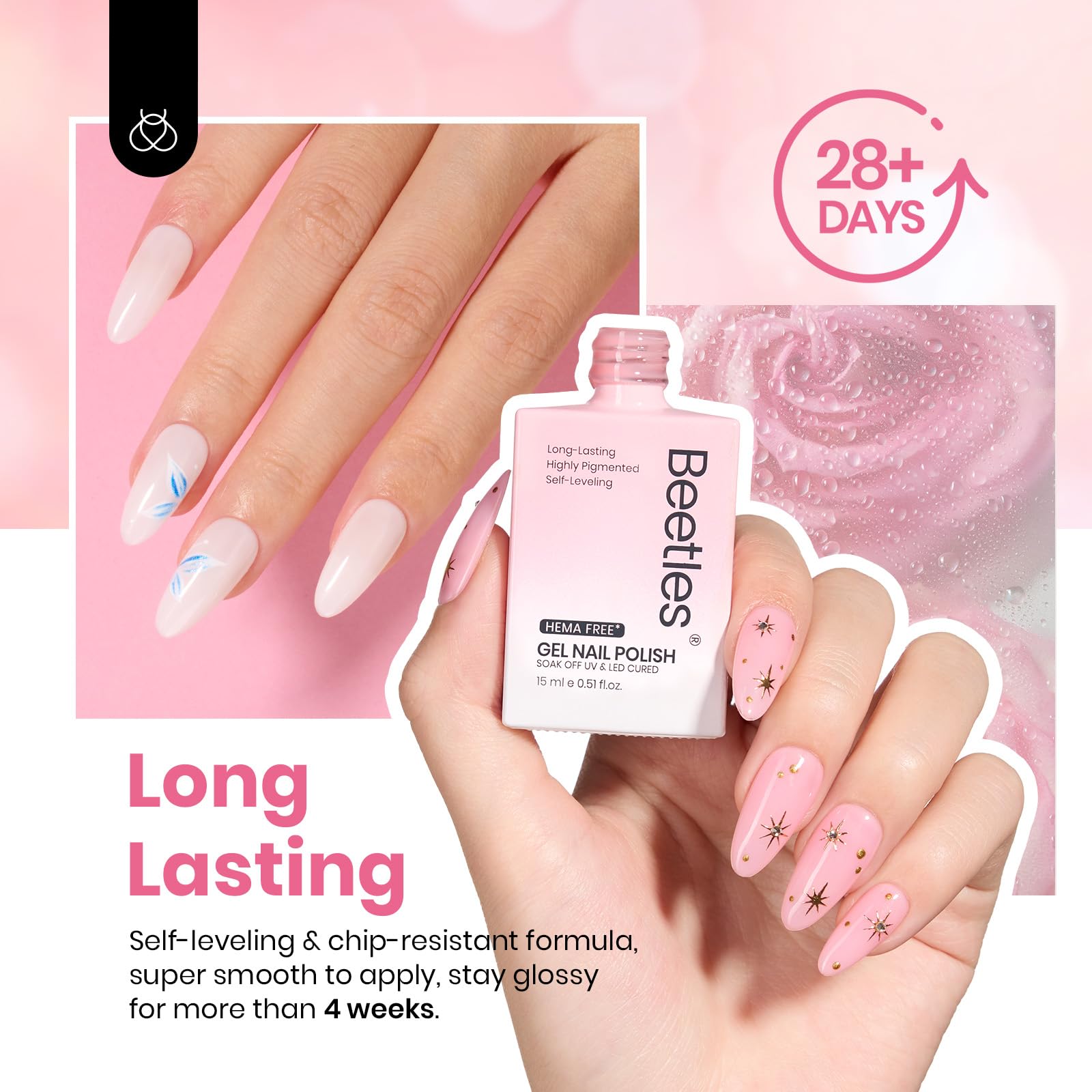 Beetles Na620 bottle reveals soft pink that pairs with outfits.