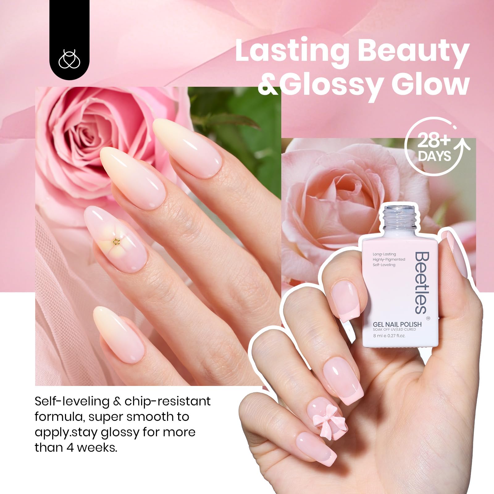 Beetles Nude Pink gel polish packaging image for compact, gift-ready bottle