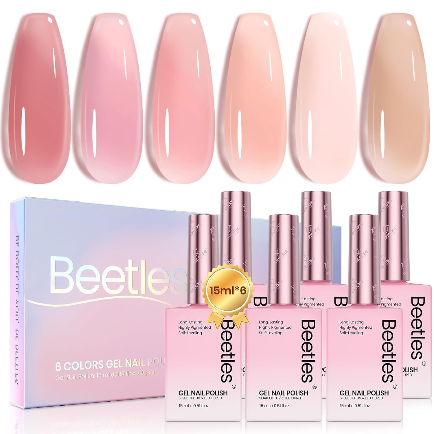 Beetles Nude Pink Gel Nail Set swatches show six sheer shades for versatile looks