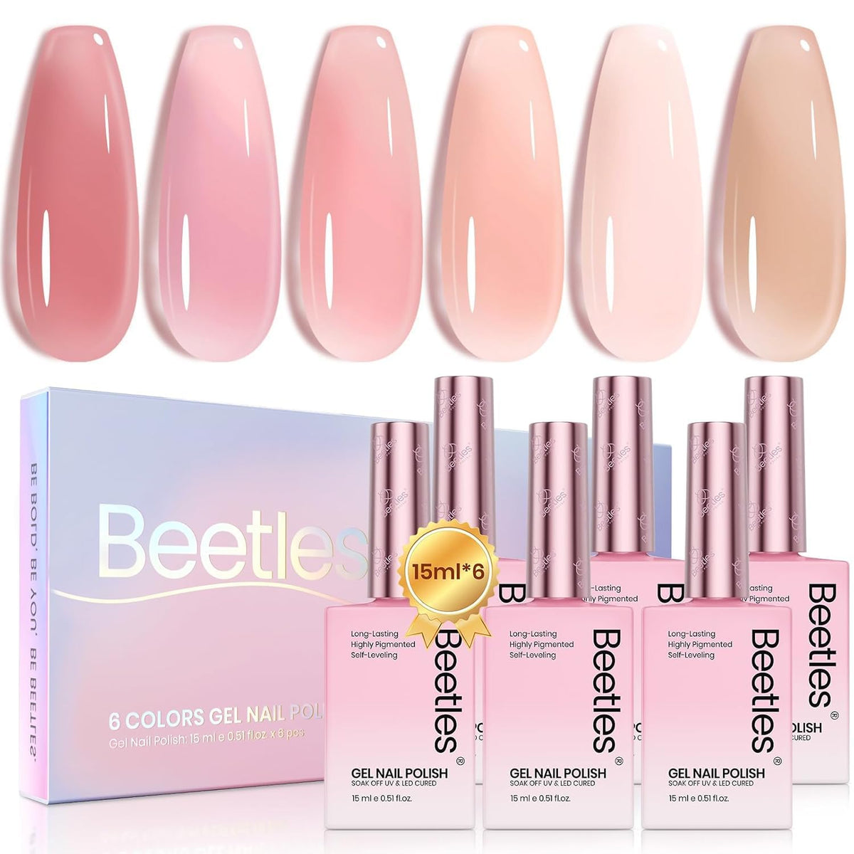 Beetles Nude Pink Gel Nail Set swatches show six sheer shades for versatile looks