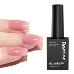 Beetles Nude Pink gel polish bottle close-up showing translucent jelly finish for natural nails.