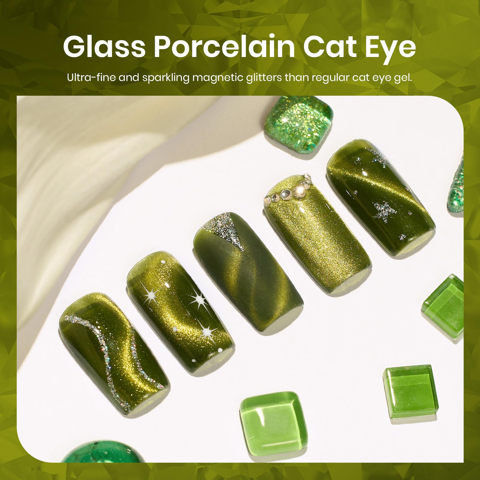 Beetles olive-green cat eye effect swatch reveals shimmering depth and magnetic appeal.
