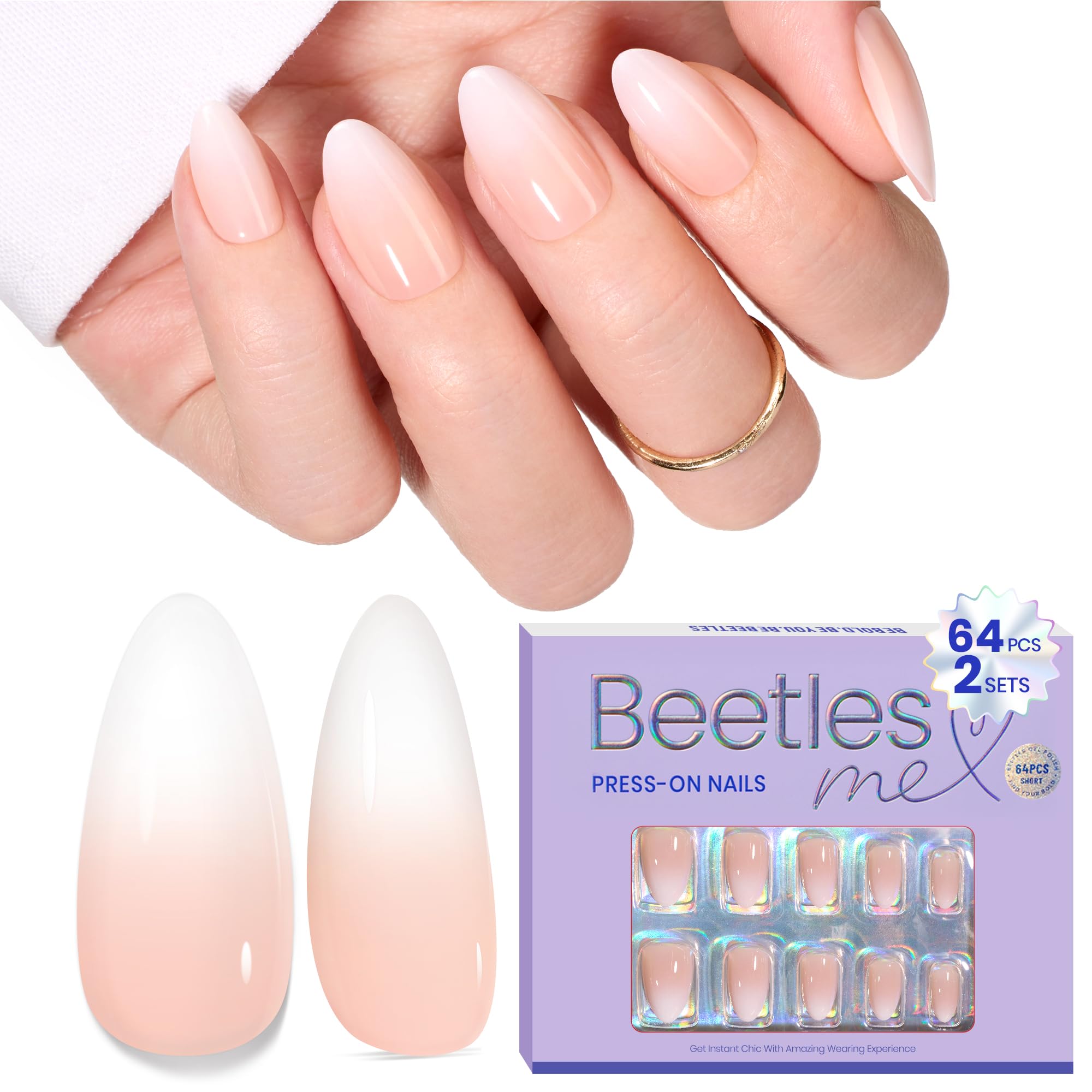 Beetles Ombre nails 64Pcs press-on kit with short almond nude pink tips for quick results.