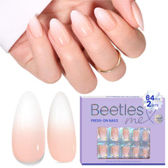 Beetles Ombre nails 64Pcs press-on kit with short almond nude pink tips for quick results.