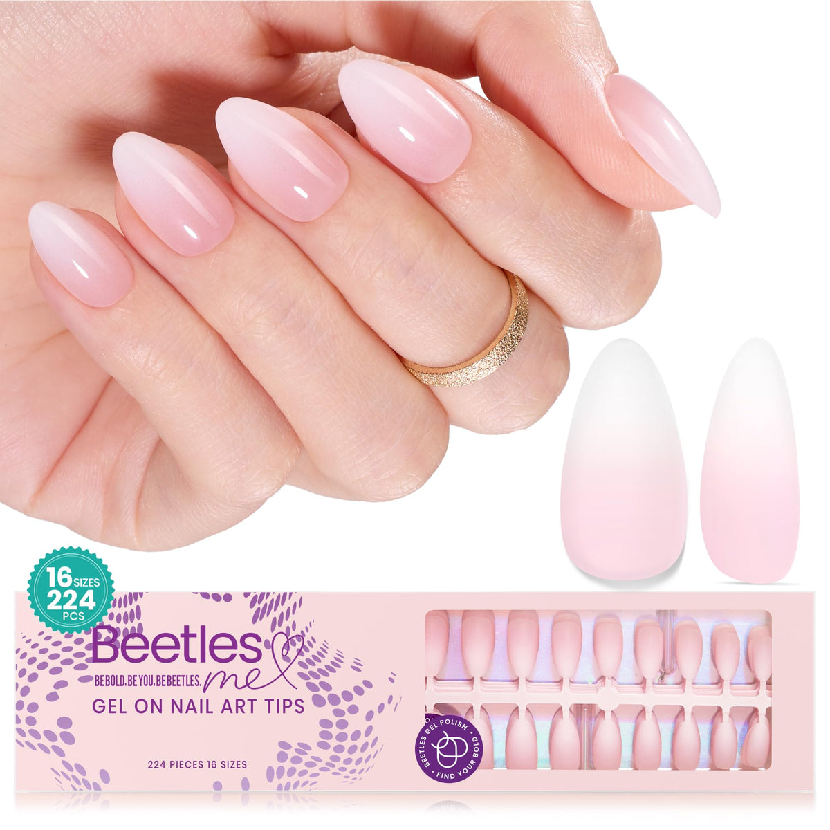 Beetles Ombre Press On Nails – 224 pcs, Short Almond Pink for at-home salon results.