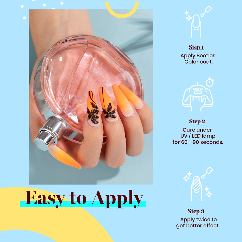 Beetles Orange Gel Polish packaging highlights compact 15ml bottle for travel.