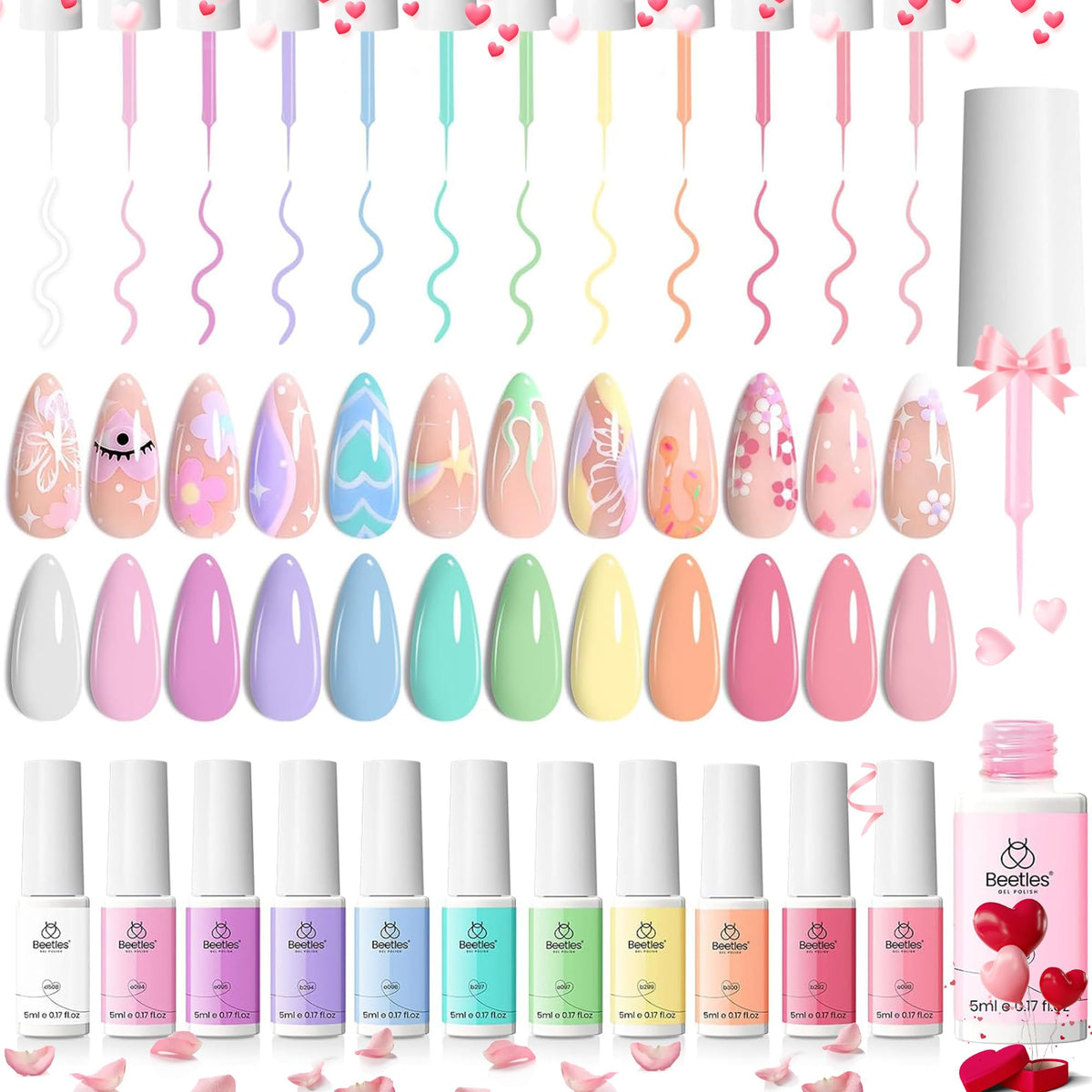 Beetles Pastel Gel Liner Set swatches show 12 soft hues for versatile nail art