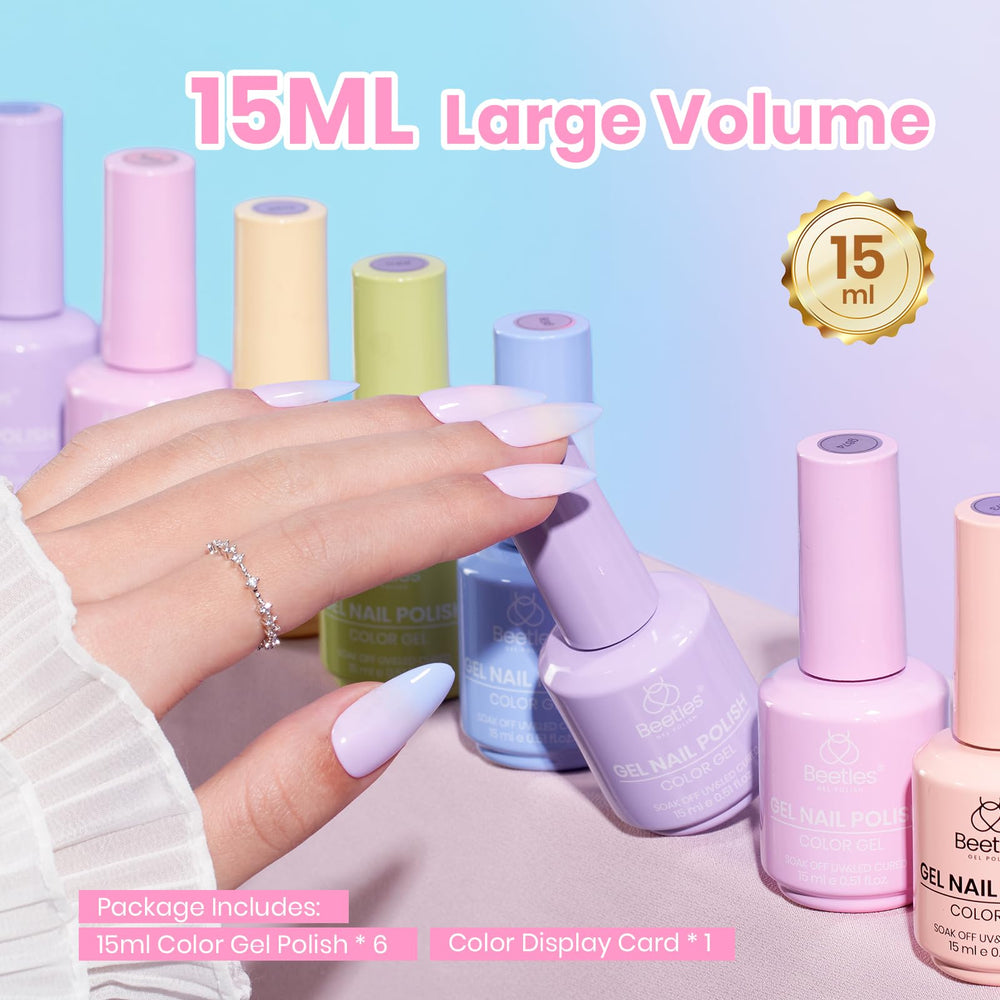 Beetles Pastel Gel Polish Set swatch-cap closeup showcases shade visibility and planning.