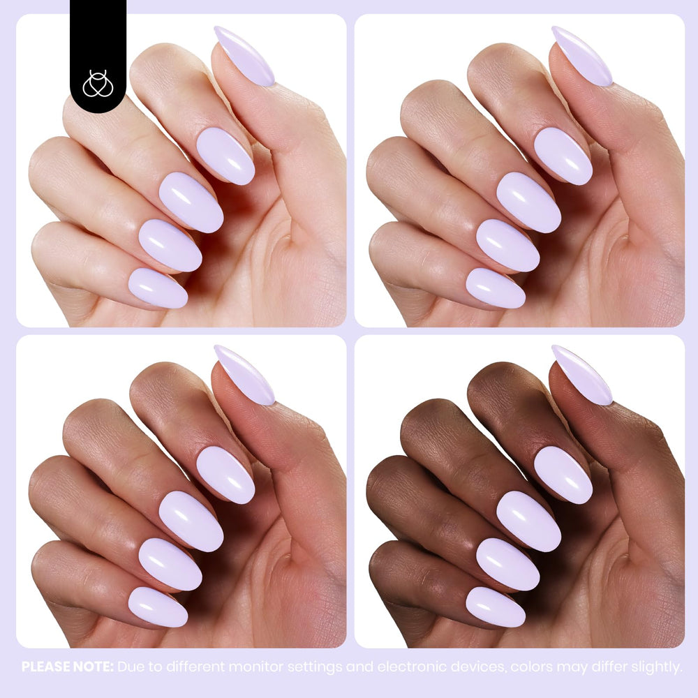 Beetles Pastel Purple gel polish shown applying on nail for at-home use.