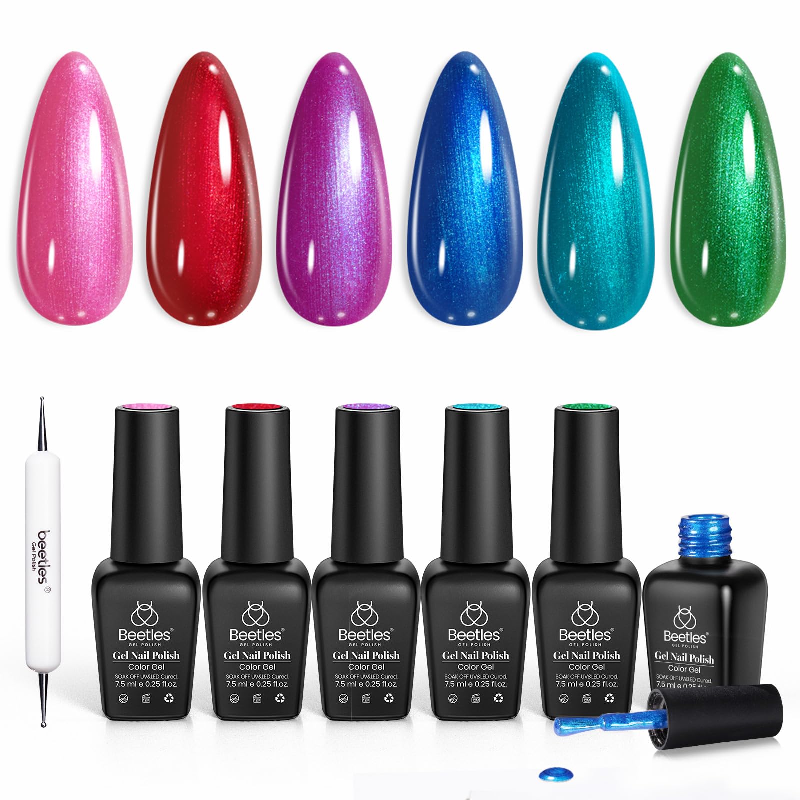 Beetles Pearl Gel Nail Polish Set swatch shows vibrant pink and purple hues for bold manicures