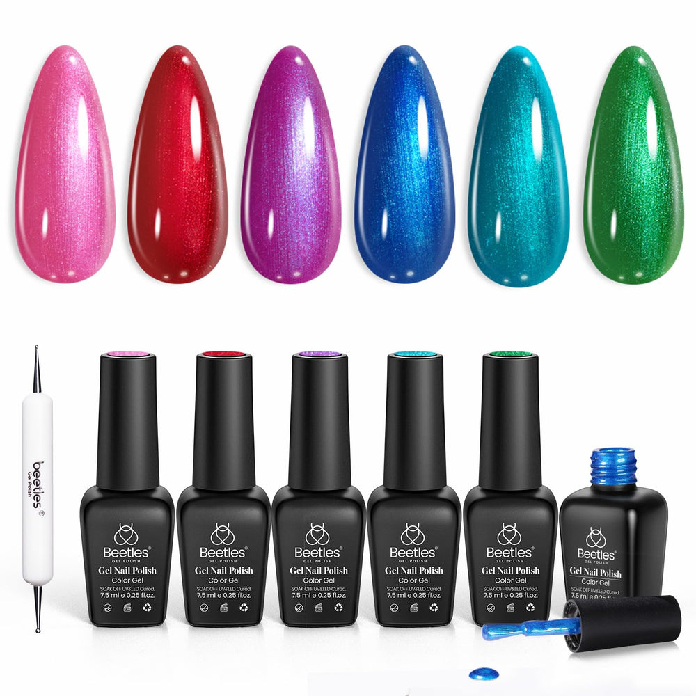 Beetles Pearl Gel Nail Polish Set swatch shows vibrant pink and purple hues for bold manicures