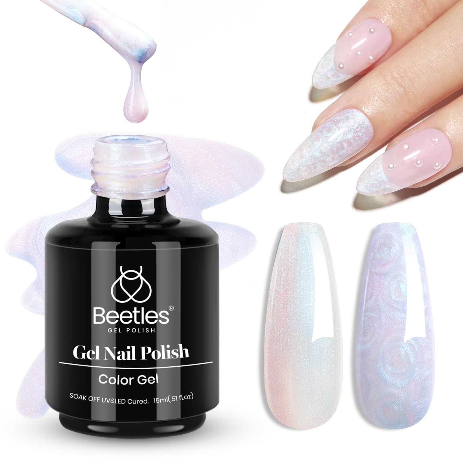Beetles Pearl Gel Polish Swirling Clouds milky pearl with pink-blue shimmer for elegant nails.
