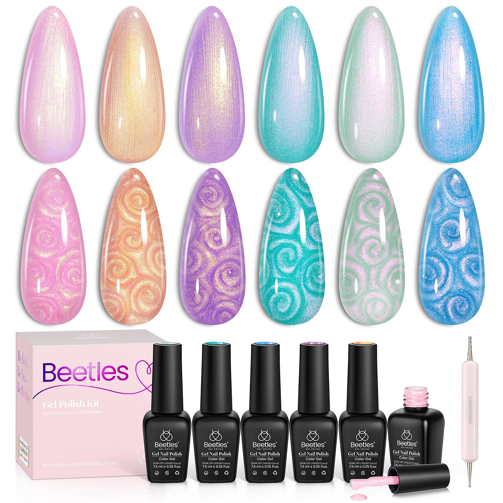 Beetles Pearl Gel Polish six-color swatch with shimmering finishes for chic manicures.