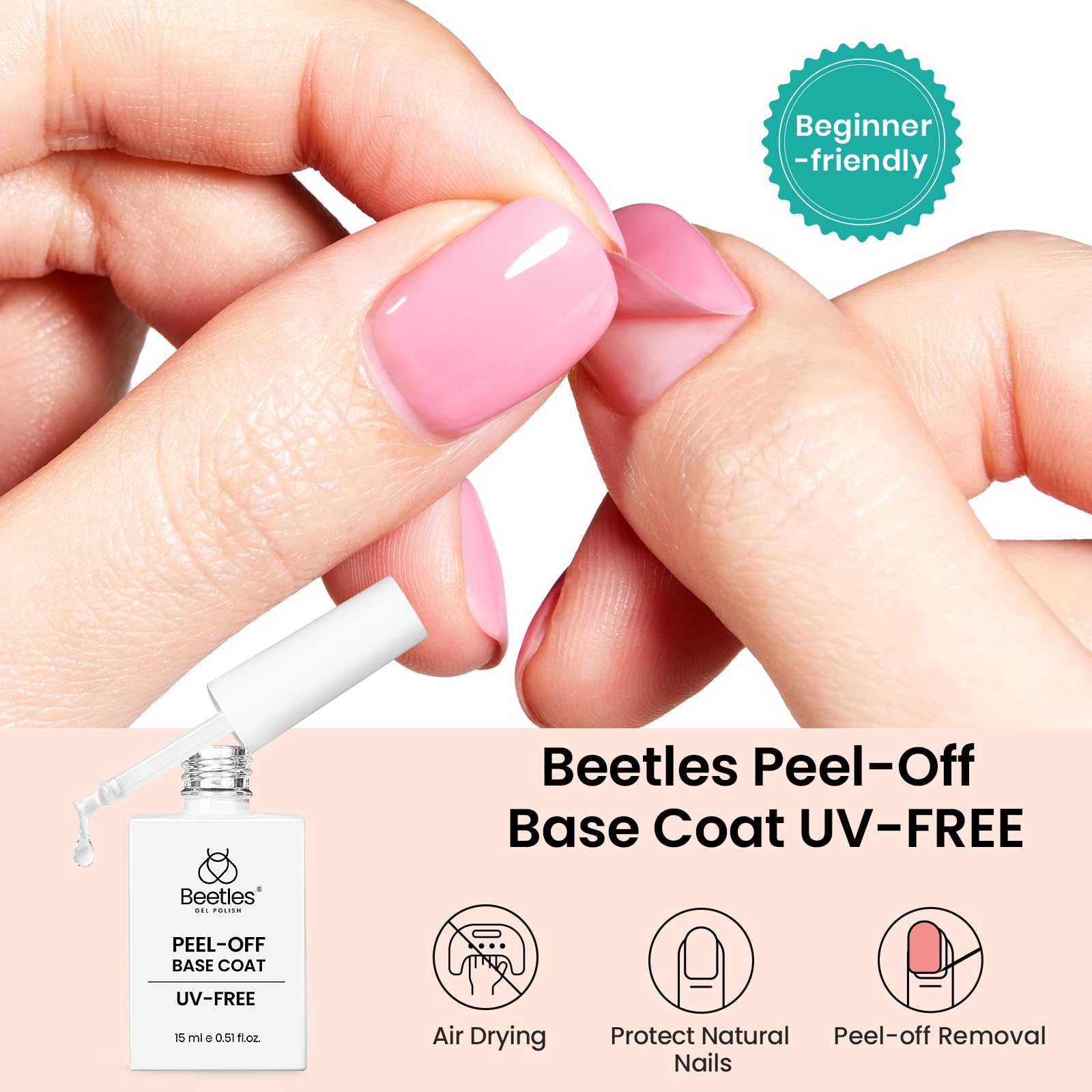 Beetles Peel Off Base Coat brush applying on nail for beginners.