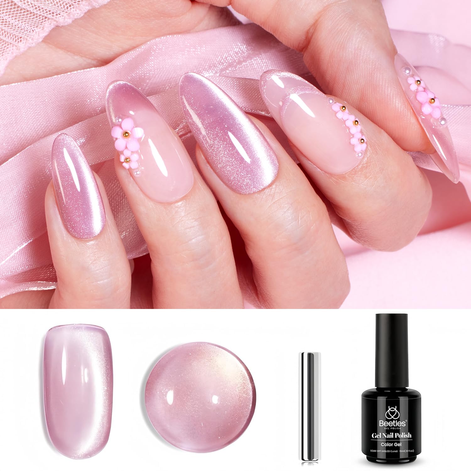 Beetles Pink Cat Eye Gel Polish bottle close-up showing soft pink shade with magnetic shimmer.