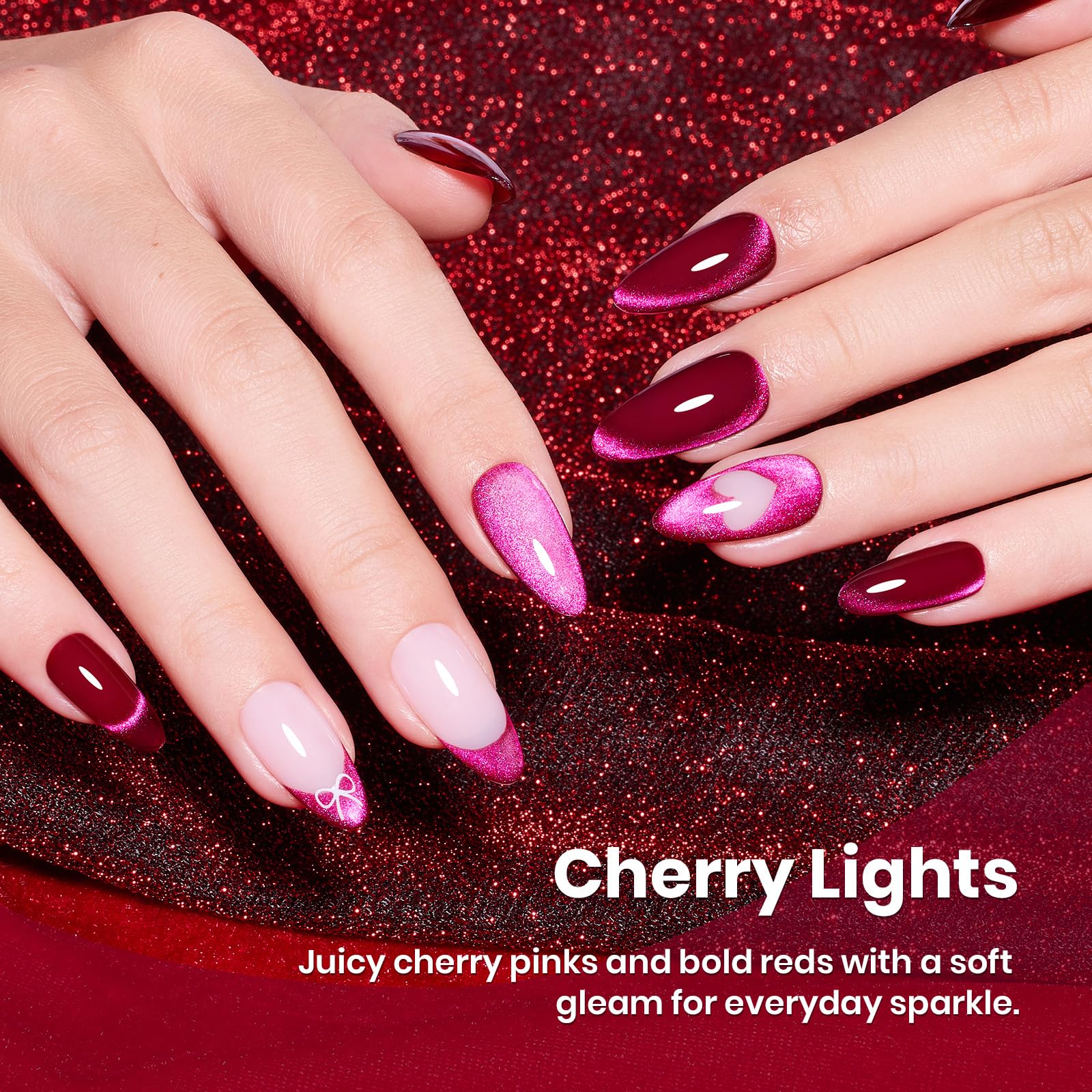 Close-up of Beetles pink cat eye gel polish with glossy finish.