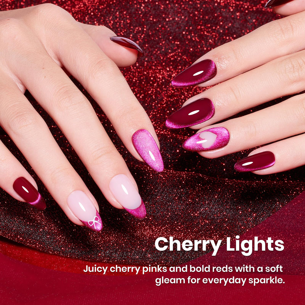 Close-up of Beetles pink cat eye gel polish with glossy finish.
