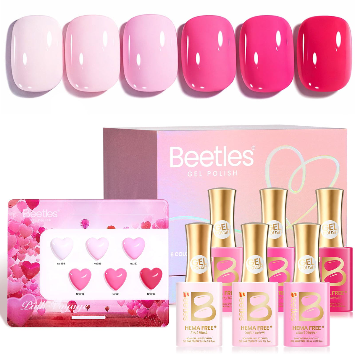 Beetles Pink Gel Polish bottle with color cards for easy home color matching.