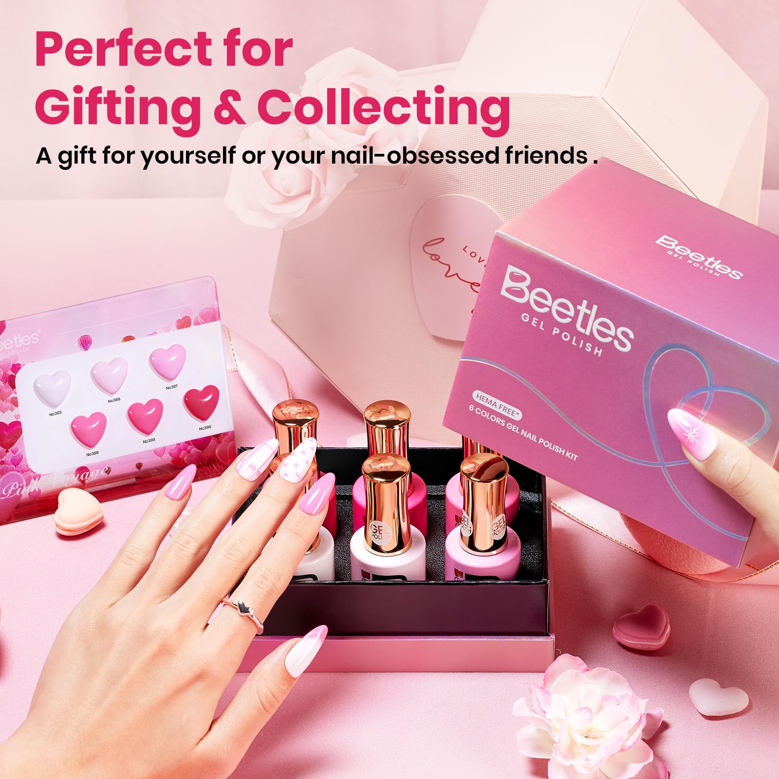 Valentine's Day gift box packaging for Beetles Pink Escape set.