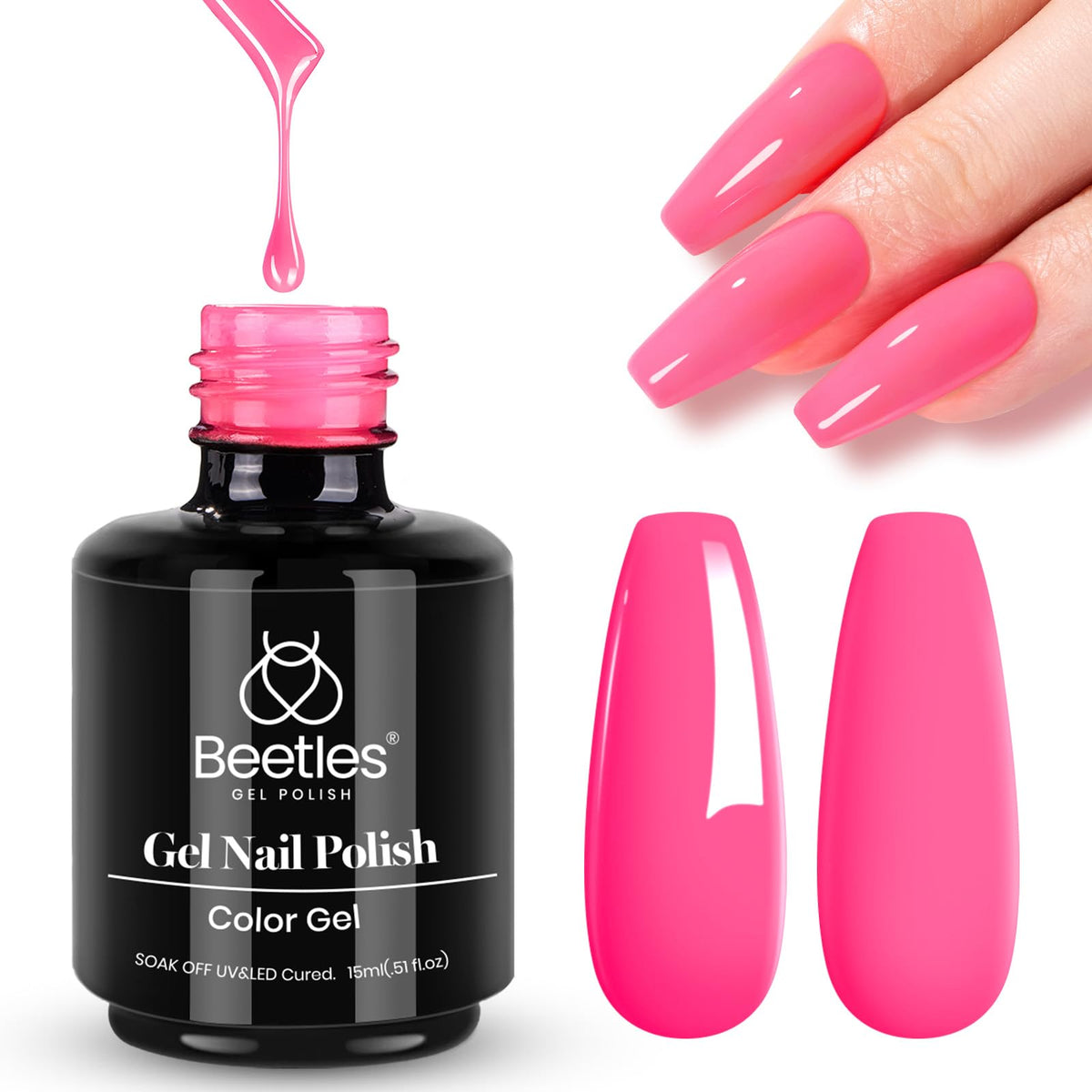 Beetles Pink Gel Polish bottle with neon shade for at-home manicures.