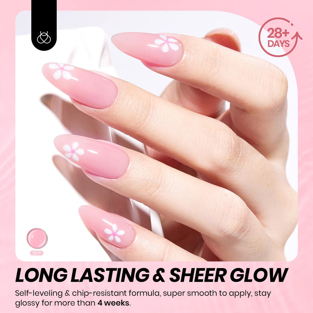 Close-up of Beetles nude pink gel polish on nail tip with smooth finish.