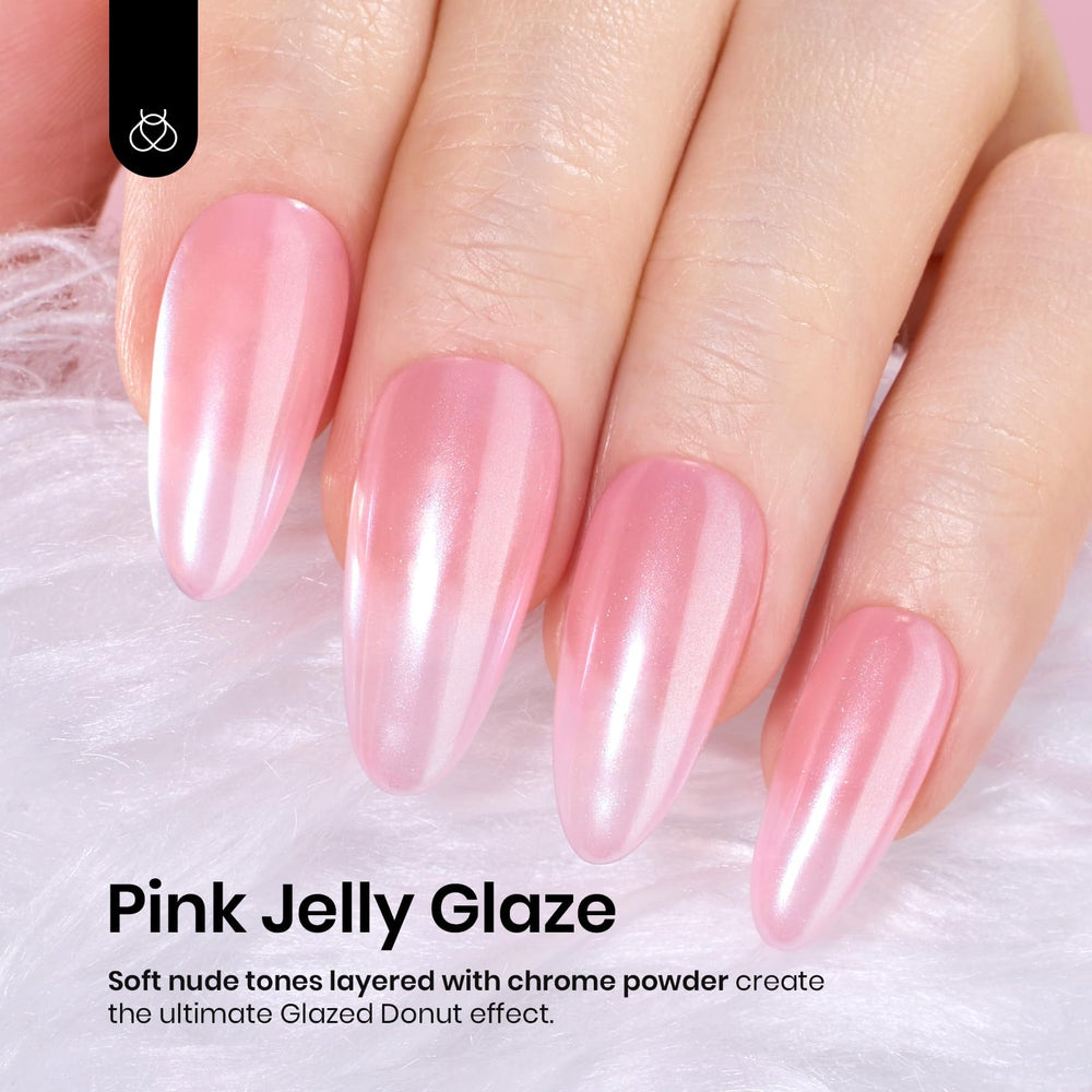 Nude pink gel manicure on hand for everyday wear.