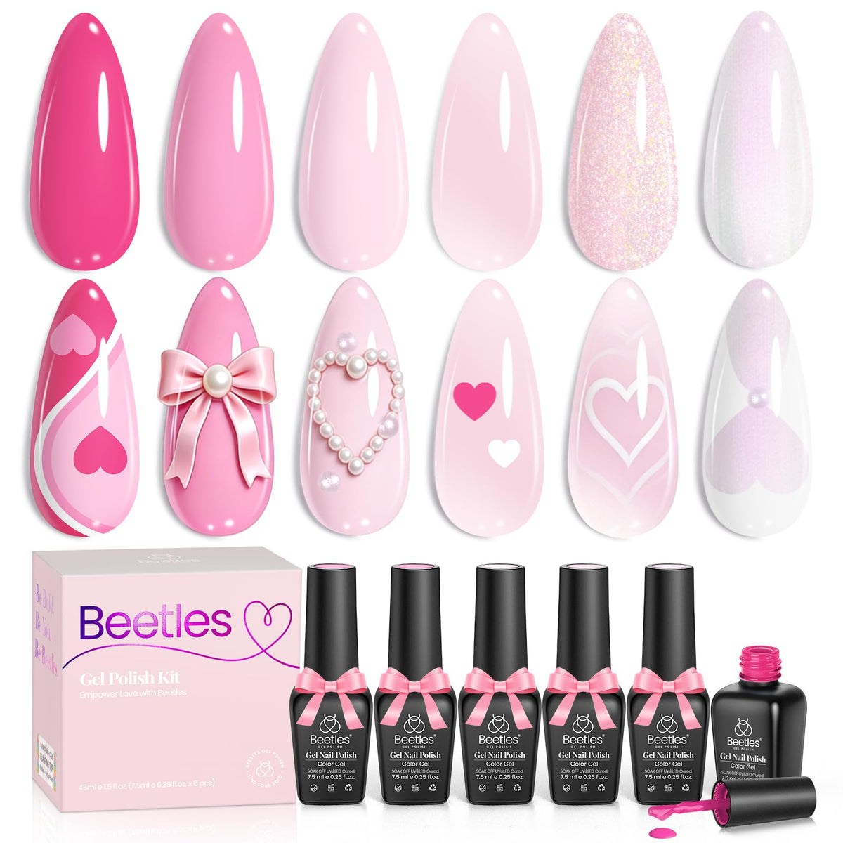 Beetles Pink Gel Nail Polish Set swatches display six blush cotton shades for everyday elegance.