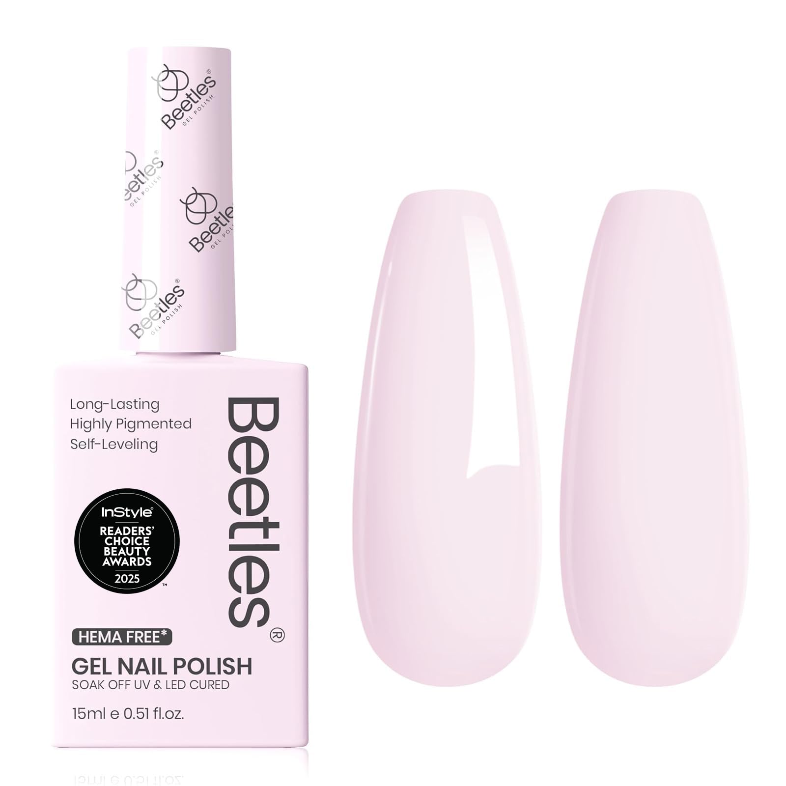 Beetles Pink Gel Polish close-up gloss on nails.