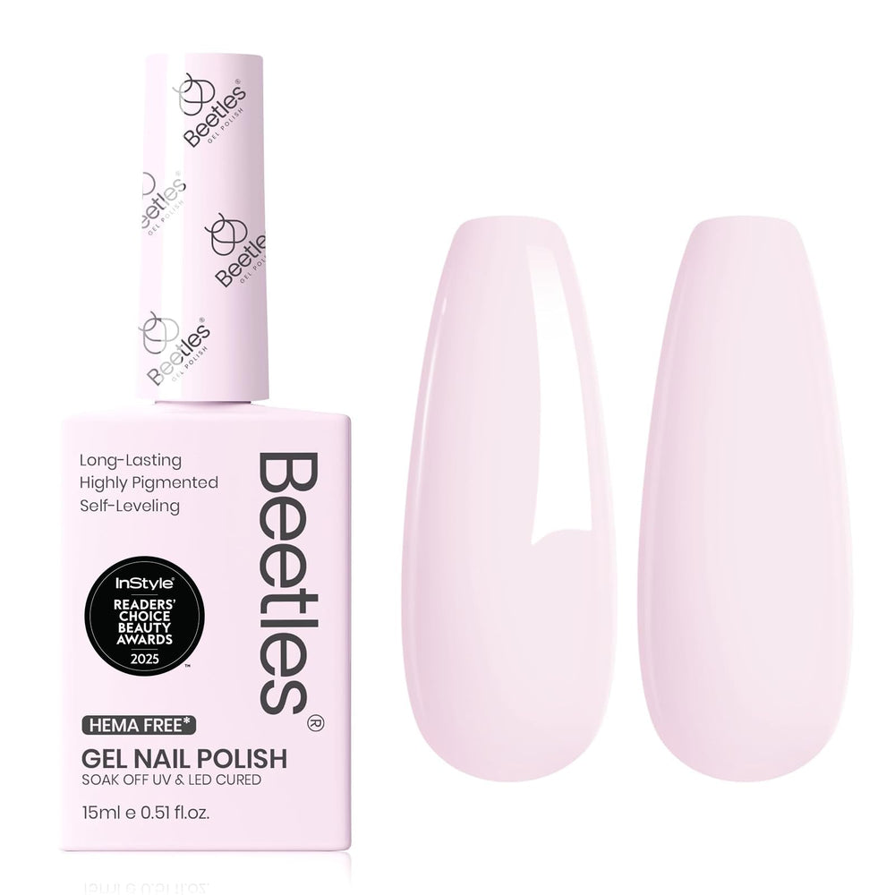 Beetles Pink Gel Polish close-up gloss on nails.
