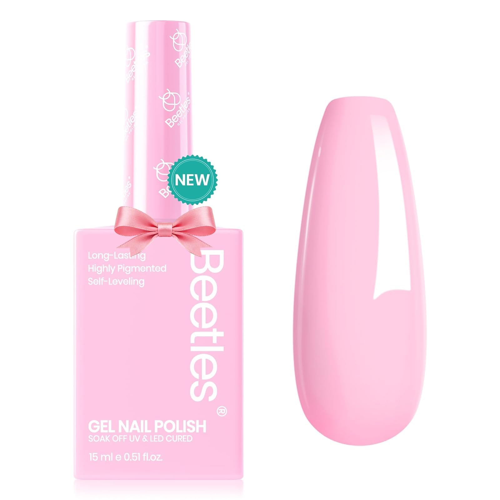 Beetles Rosy Glow pink gel polish bottle showing the pastel shade for a salon-ready look.