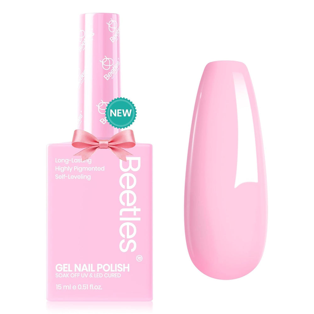 Beetles Rosy Glow pink gel polish bottle showing the pastel shade for a salon-ready look.