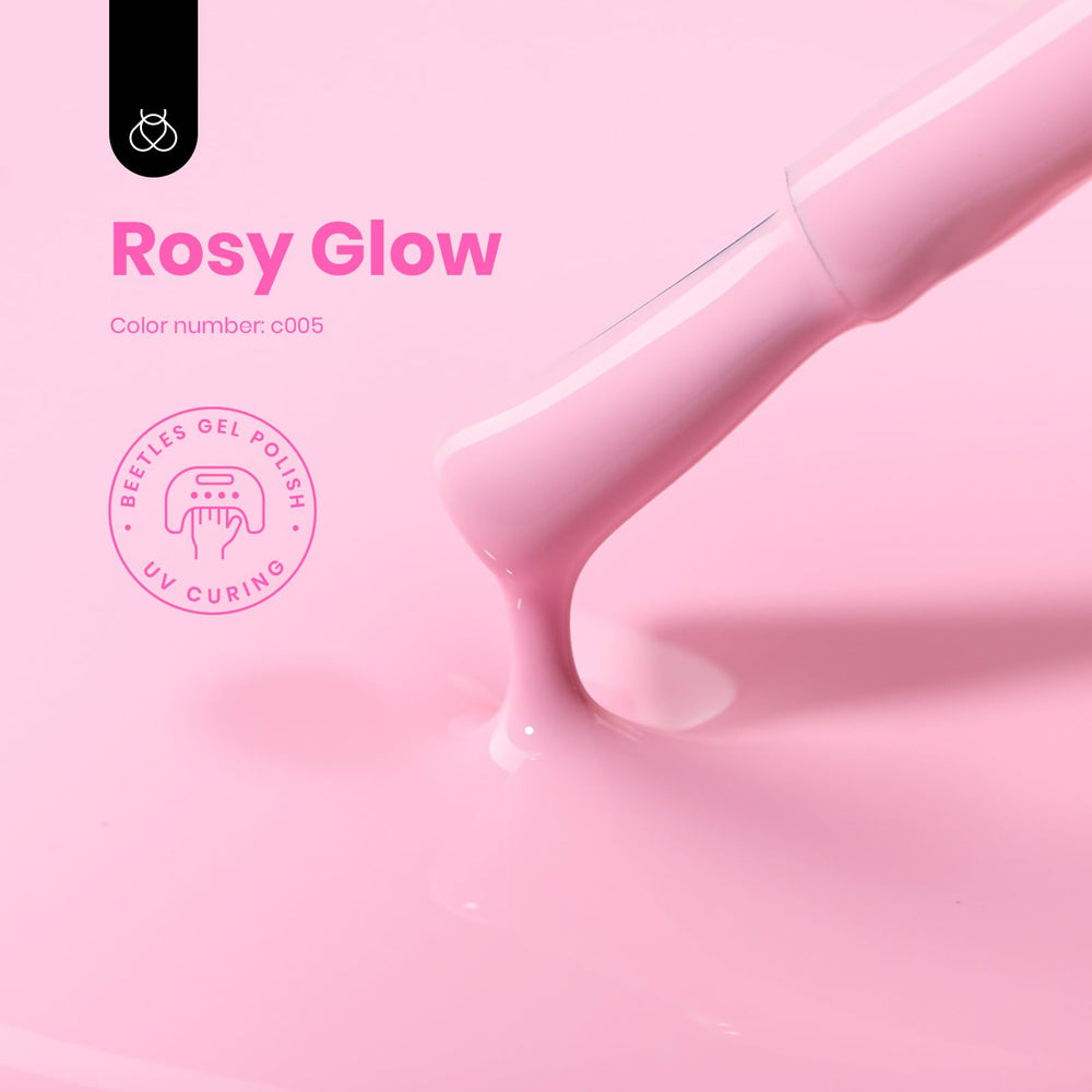 Beetles Rosy Glow gel polish cap indicating color integrity for home use.