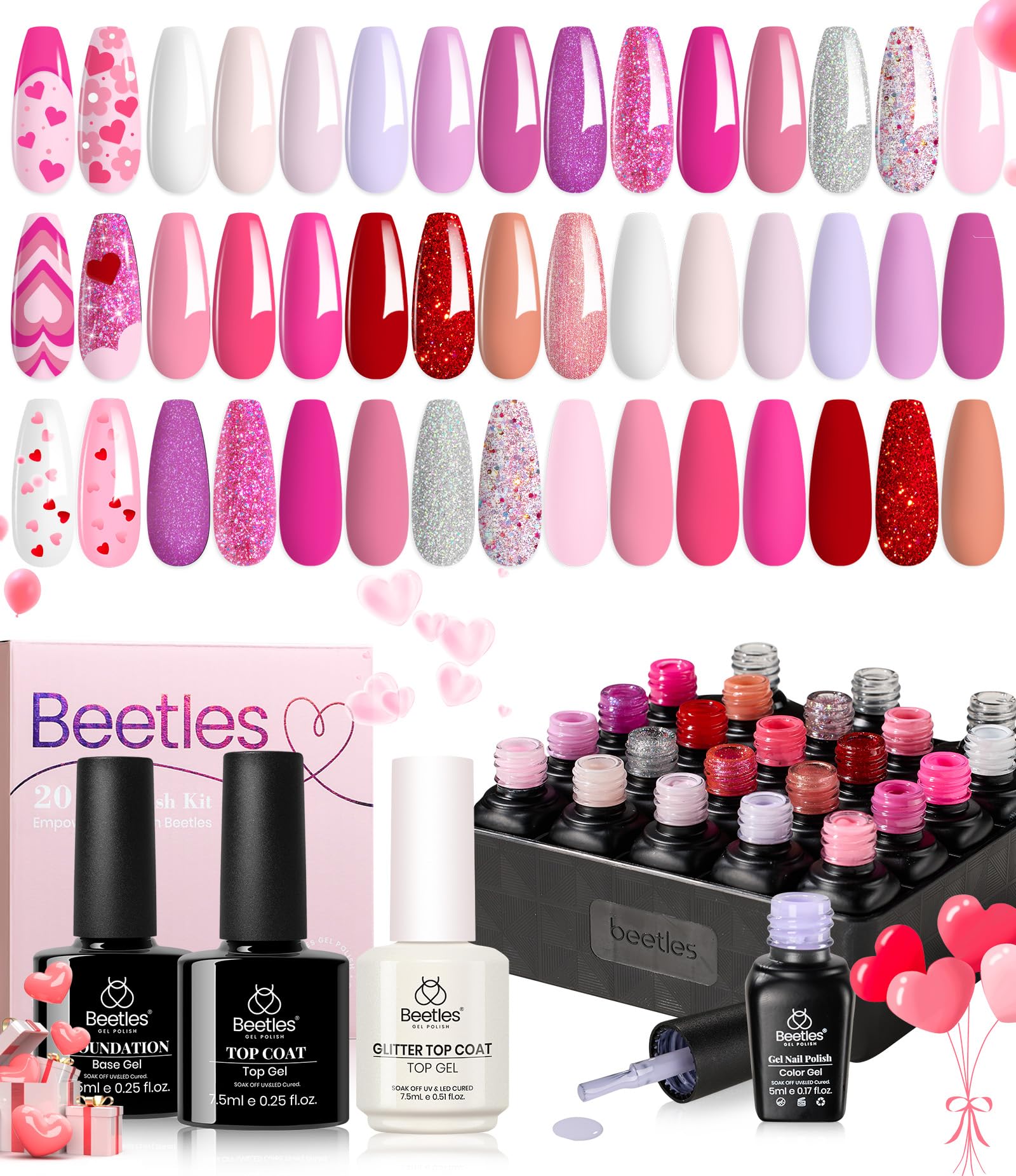 Beetles Pink Gel Polish Set box displaying the full color collection for versatile manicures.