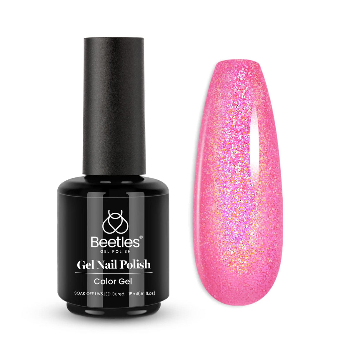 Beetles Pink Glitter Gel Polish bottle showcases vibrant pink sparkle for festive nails.