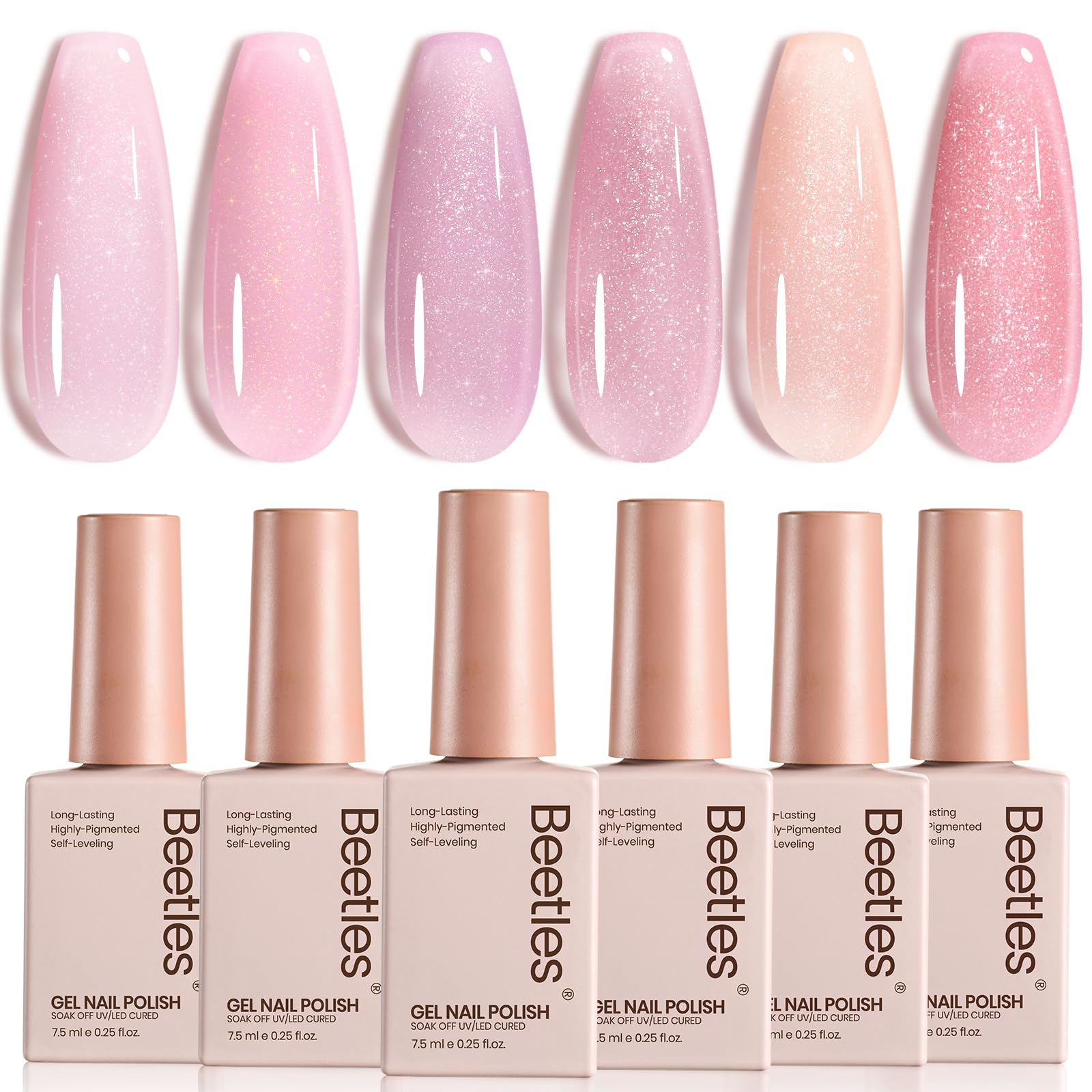 Beetles Pink Glitter Gel Polish Set front view with six colors for elegant nails
