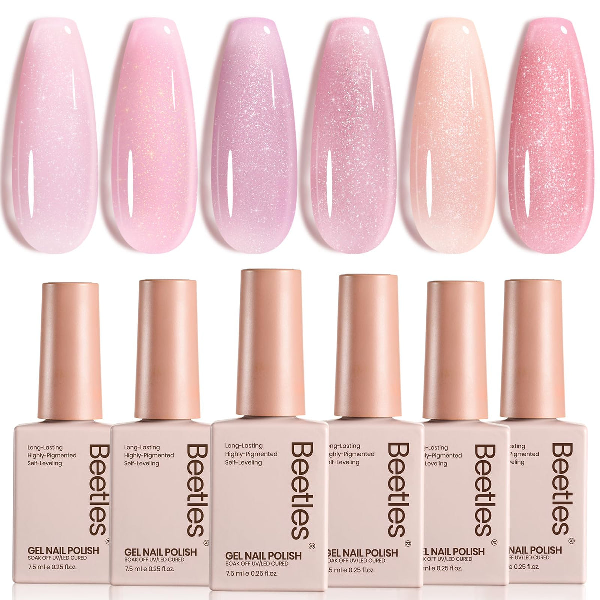Beetles Pink Glitter Gel Polish Set front view with six colors for elegant nails