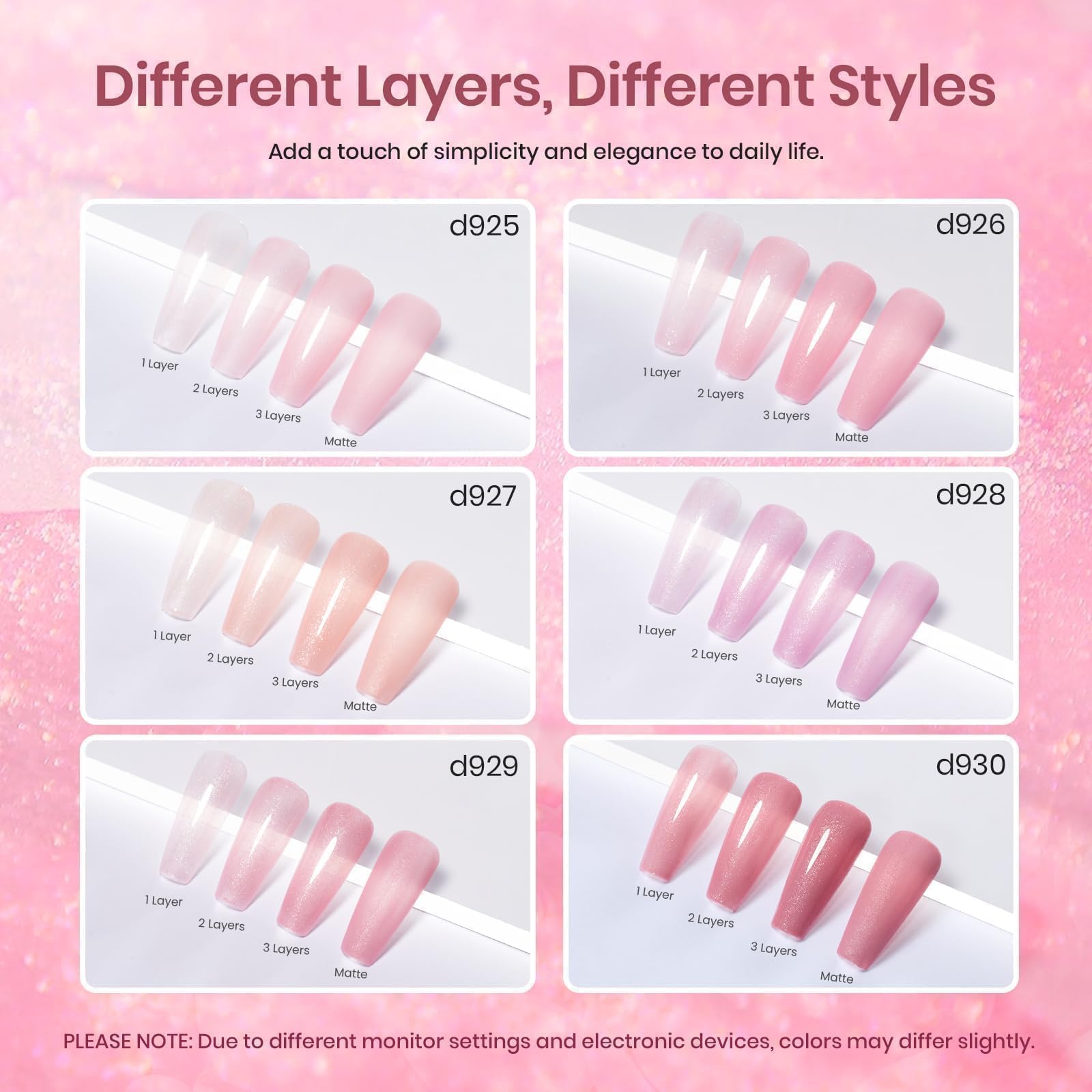 Beetles Pink Glitter Gel Polish color swatches show jelly pink shimmer