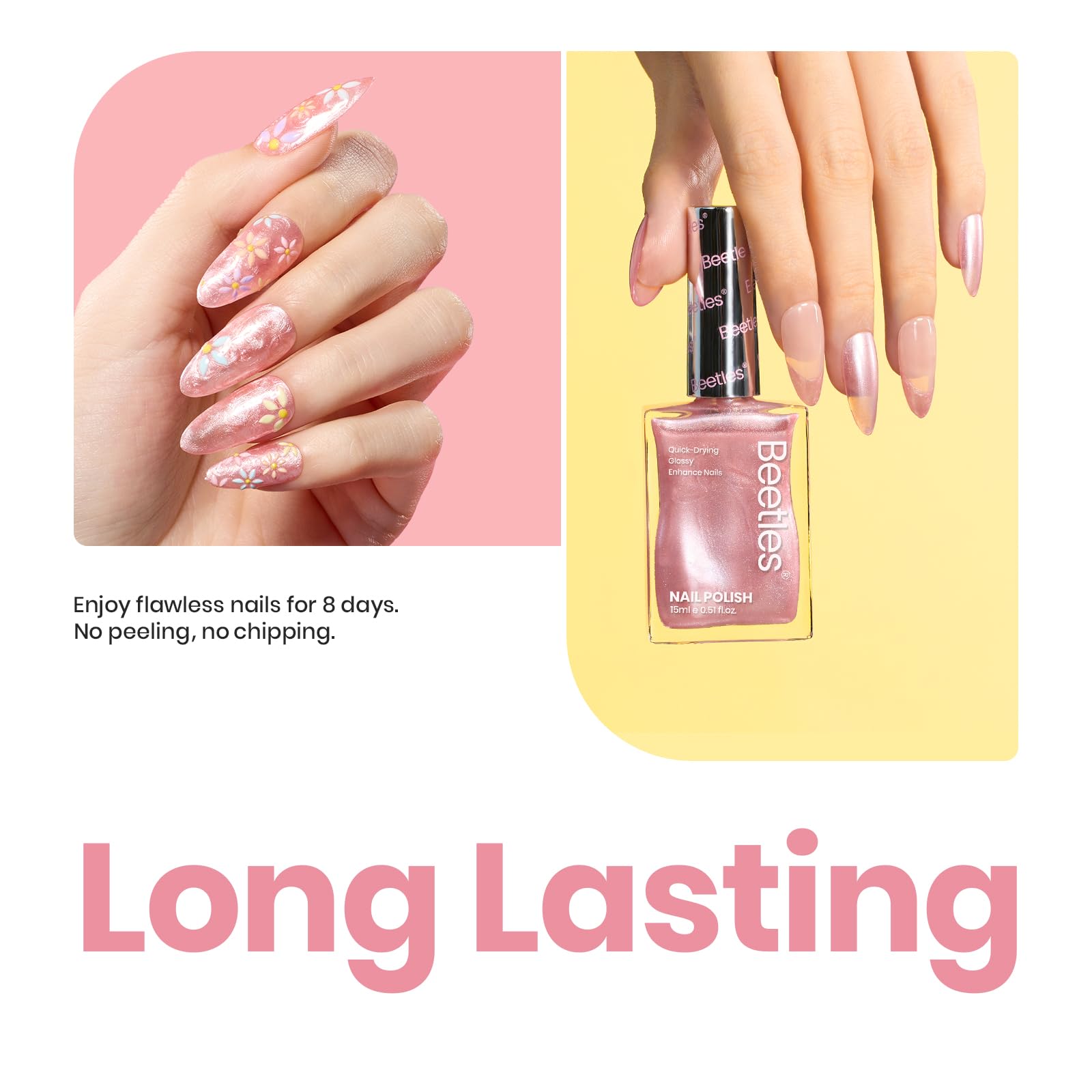 Beetles Pink Nail Polish easy removal with standard remover.