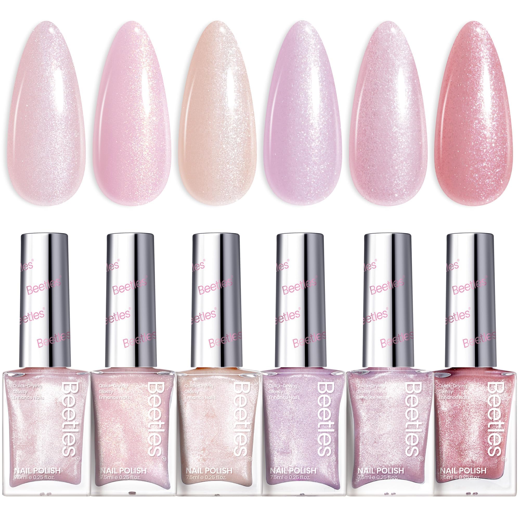 Beetles Pink Nail Polish Set closeup of glitter shades